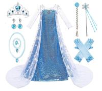 Vestito da Principessa Elsa Bambina Vestito Elsa Frozen Bambina Costume Carnevale Elsa con Collana Corona Bacchetta Set per Carnevale Compleanno Halloween Natale,01-150cm