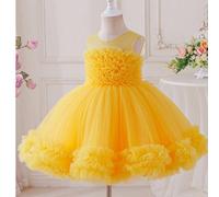 Vestito da principessa giallo e soffice per bambine, nuovo design estivo, abito per il primo compleanno del bambino, elegante abito a rete a forma di torta, outfit per la festa dei bambini, vestito pe
