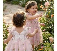Vestito da principessa per bambina con ricamo floreale in rete, decorazione a farfalla sulla schiena, stile halter, carino e dolce, ispirato a fiabe, versatile e comodo per il gioco, l'uso casual e le