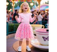 Vestito da principessa per ragazze giovani, con maniche a sbuffo, collo rotondo, a pois colorati e in rete, adatto per feste, attività all'aperto, uso quotidiano, vacanze, come regalo 6Y,7Y,4Y,5YGeome