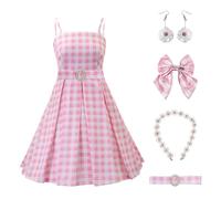 Vestito da Principessa Rosa Plaid per Bambina,Costume Cosplay Principessa Rosa Plaid per Bambina,The Film Costume con Accessori Fiocco, Cintura, Collana, Orecchini,Vestito Halloween (150, bambino)
