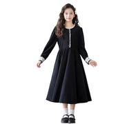Vestito da ragazza, a maniche lunghe, girocollo, elegante, vintage, per bambini, con cintura, tasche laterali, chiusura lampo, casual, linea ad A, per 5-12 anni, Nero , 15-16 Jahre