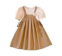 Vestito da ragazza a sbuffo a maniche corte con punto smock, morbido, con volant, plissettato, linea ad A, estivo, casual, girocollo, comodo fiocco, increspato, leggero, elegante, per compleanni, kaki