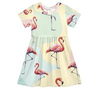 Vestito da ragazza con fenicotteri colorati UPF50 a maniche corte una linea estiva Playwear per bambini, 2T, Fenicotteri colorati, 5-6 Anni