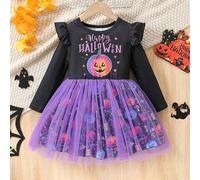 Vestito da ragazza con scollo rotondo e maniche lunghe, per bambine di 2-7 anni, con stampa di zucca e lanterna di zucca, in stile fiabesco 6Y,7Y,4Y,5Y,2-3YFumetto,Geometrico,Halloween,Lettere,PianteP