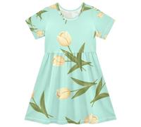 Vestito da ragazza giallo crema fiori tulipano verde modello manica corta una linea UPF50 Knit Summer Dress, 2T, Fiori Tulipano Giallo Crema Verde, 5-6 Anni