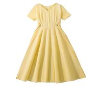 Vestito da ragazza, per bambini, a righe, a maniche corte, per dimagrire, comodo, casual, di media lunghezza, per ragazze, taglia, giallo., 9-10 Jahre