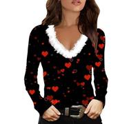 Vestito da ragazza per San Valentino, con stampa a cuore, a maniche lunghe, per fine settimana, basic, casual, colletto soffice, scollo a V, vestibilità normale, alla moda da donna 2024, Blu scuro