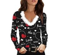 Vestito da ragazza per San Valentino, con stampa a cuore, a maniche lunghe, per fine settimana, basic, casual, colletto soffice, scollo a V, vestibilità normale, alla moda da donna 2024, Nero , 4XL