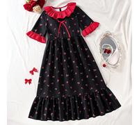 Vestito da ragazza tween casual per vacanze, con fiori di ciliegio neri e rossi, volant e fiocco, adatto per estate, bianco, design alla moda versatile, adatto per vacanze, viaggi, campus, uso quotidi
