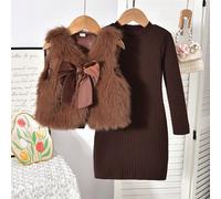 Vestito da ragazza vintage con gilet marrone con fiocco e pelliccia + abito a blocchi di colore con collo alto e plissettato, dolce e carino, adatto per uso quotidiano, feste, scuola e altre occasioni