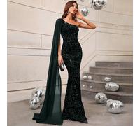 Vestito da sera con una spalla, maniche a mantello in contrasto in rete, decorato con paillettes, elegante abito da cerimonia a maniche lunghe per matrimoni, eventi formali e laurea L,M,S,XL,XSColore 