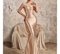 Vestito da sera sartoriale lungo da dama d'onore, con scollo alla spalla, maniche in rete, raso, stile sirena, sexy e di lusso, in stile vintage con muse e dee L,M,S,XL,XSBlocchi di colore,Colore unic