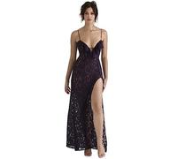 Vestito da Sottoveste Estivo da Donna Sexy con Scollo a V in Pizzo con Scollo a V e Fiore all'Uncinetto con Orlo a Fessura Trasparente Abito Lungo Sottile per la Festa Nuovo SM L-Nero,L