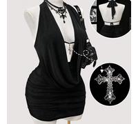 Vestito da spiaggia da donna taglie forti con nodo alla gola, retro con fiocco e cut-out, con texture 0XL,1XL,2XL,3XL,4XLStampa falsaTessuto in maglia