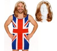 Vestito da uomo con bandiera britannica, rosso, bianco e blu, con parrucca color zenzero, per adulti, addio al celibato, addio al celibato anni '90, icona musicale Britpop