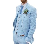 Vestito da uomo in lino retrò da spiaggia, abito da sposa estivo slim fit 3 pezzi leggero lino giacca gilet pantaloni ritorno a casa smoking, Celeste (Baby Blue), XX-Large