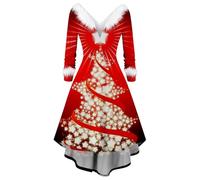 Vestito Di Babbo Natale- Vestito Natale Donna Elegante Vestito Di Natale Con Scollo a V Abiti Stampa Natale a Linea Invernale Vestiti Christmas Vintage Costumi Natale Donna Vestito Per Capodanno Donna