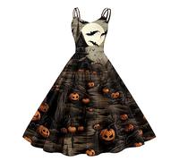Vestito di Halloween per Donna, Abito Cerimonia Donna Lungo Senza Maniche Elegante Linea Ad a Grandi Abiti Svasati con Spalline Sottili Abito Lungo Casual Stampati Divertenti per Halloween
