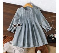 Vestito di jeans a maniche lunghe per bambine, stile pastorale dolce retrò, consigliato per la scuola o le vacanze, design a collo tondo + bottone regolabile sul retro, design plissettato che lo rende