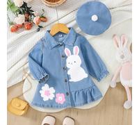Vestito di jeans casual e versatile per bambina, con grafica stampata a cartoni animati sull'orlo con volant, novità autunno inverno 2024 6-9M,9-12M,12-18M,18-24M,2-3YAnimale,Fumetto,Floreale,PianteDe