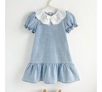 Vestito di jeans da ragazza con colletto Peter Pan ricamato, maniche a palloncino, fiocco di pizzo e volant sull'orlo 6Y,7Y,4Y,5YColore unicoDenim