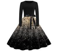 Vestito di Natale da Donna A Maniche Lunghe, Abito Stampa Natalizia Girocollo, Tunica Swing Elegante, Colori Blu E Blu Scuro,Taglie dalla S alla XXL, per Feste