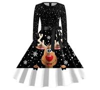 Vestito di Natale da Donna A Maniche Lunghe, Abito Stampa Natalizia Girocollo, Tunica Swing Elegante, Colori Blu E Blu Scuro,Taglie dalla S alla XXL, per Feste