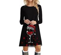 Vestito di Natale da donna a maniche lunghe, vestito maglione invernale girocollo, miniabito rosso bicchiere di vino divertente, vestiti di Natale eleganti per feste di Natale, vestito camicetta top