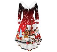 Vestito di Natale da Donna Abiti Babbo Natali Curvy Abito di Velluto Maniche Lunghe Vestiti Natalizio Costume Babbo Natale Invernale Scollo A V Elegante Abito da Sera Vestiti Eleganti Donna Cerimonia