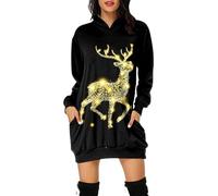 Vestito di Natale da Donna- Abito Natalizie Felpa con Cappuccio Manica Lunga Maglione da Famiglia Taglie Forti Mini Abito Lunga Sweatshirt con Tasche Hoodie Felpa di Natale Natalizia Carnevale Renna