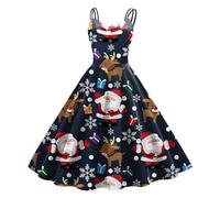 Vestito di Natale da donna, divertente con stampa di nani di Natale, per feste, con spalline sottili, a vita alta, abito da cocktail, O blu scuro, S
