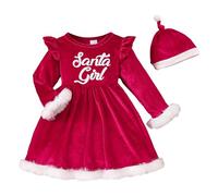 Vestito di Natale da ragazza, rosso, a maniche lunghe, per ragazze, Natale, abito in velluto, girocollo, con palla di peluche, cappello di Natale, per bambini, abito da principessa