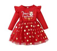 Vestito di Natale da ragazza, rosso, principessa, abito da ragazza, abito in tulle, girocollo, a maniche lunghe, con stampa divertente, tutù, vestito da principessa, abito da principessa