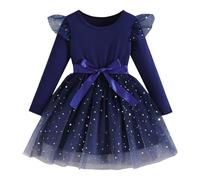 Vestito di Natale da ragazza, vestito in velluto per ragazze, a maniche lunghe, scollo rotondo, principessa, in tulle per feste natalizie con paillettes, fiocco, a farfalla, per bambina, casual