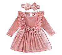 Vestito di Natale per neonati, da principessa, con volant, in pizzo, con fiocco, a maniche lunghe, in velluto, per autunno e inverno, con fascia per compleanno, vacanze, feste, Colore: rosa., 12-18