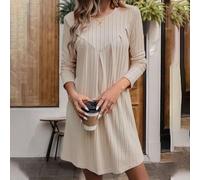 Vestito Diritto Cachi A Coste Maniche Lunghe Elegante Casual Chic CF52214
