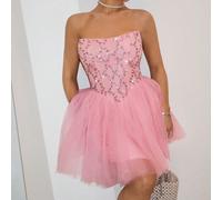 Vestito dolce e romantico semplice rosa in estate, ideale per vacanza al mare, appuntamento, matrimonio, laurea, con un design senza spalline sexy, bordo in pizzo e abito gonfiabile per donne L,M,S,XL