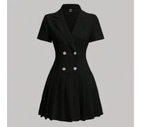Vestito donna con colletto alto a doppio petto e pieghe premute, abito elegante da donna con doppio bottone, piegato, volant all'orlo, maniche corte, colletto, slim fit, maniche corte, tinta unita, ve