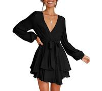 Vestito Donna Corto Mini Abito con Profondo Scollo a V Maniche Lunghe Sexy Miniabiti Swing Abito da Skater Casual Discoteca Cocktail Clubwear con Cintura