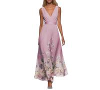 Vestito Donna Elegante Abito Cerimonia Vestito Lungo Stampa Floreale Senza Maniche Scollo a V Vestiti in Chiffon Estate I520