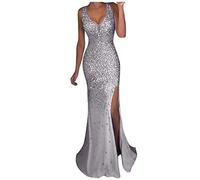 Vestito Donna Elegante Cerimonia Glitter, Vestito Carnevale con Brillantini Argento Abiti da Ballo Lungo Senza Maniche Abito Sottile Scoperte Spacco Vestiti Anni 80 per Cocktail Feste Sera Ballo