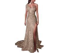 Vestito Donna Elegante Cerimonia Lungo con Paillettes, Abito da Festa Senza Maniche, Cocktail Glitter con Spacco, Scollo a V, Ballo, Maxi, Aderente, Tubino
