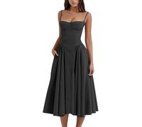 Vestito Donna Elegante Cerimonia Sexy Spaghetti Senza Maniche Scollo Quadrato Abito Estivo Lungo Abiti con Tasche Vita Alta Linea A Swing Midi Vestito da Mare Bohemian Vacanze per Il Tempo Libero