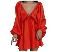 Vestito Donna Elegante con Scollo a V Profondo e Maniche a Palloncino per Serate Autunnali e Occasioni Speciali con Design alla Moda e Trama Confortevole (Watermelon Red, S)