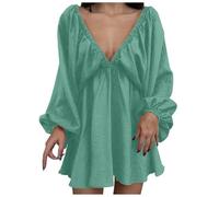 Vestito Donna Elegante con Scollo a V Profondo e Maniche a Palloncino per Serate Autunnali e Occasioni Speciali con Design alla Moda e Trama Confortevole (Mint Green, L)