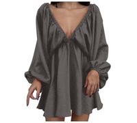 Vestito Donna Elegante con Scollo a V Profondo e Maniche a Palloncino per Serate Autunnali e Occasioni Speciali con Design alla Moda e Trama Confortevole (Silver, M)