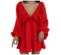Vestito Donna Elegante con Scollo a V Profondo e Maniche a Palloncino per Serate Autunnali e Occasioni Speciali con Design alla Moda e Trama Confortevole (Red, L)