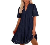 Vestito Donna Estivo con Scollo a V, Maniche Corte, Ricamo Traforato Sangallo, Taglio Morbido Svasato, Balze Volant, Casual Spiaggia Vacanza