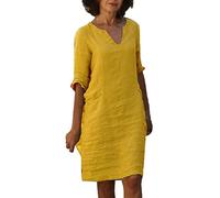 Vestito Donna Estivo in Lino di Cotone, Vestiti Lunghezza Media Cotone e Lino Collo V Abiti Eleganti Abito Colore Puro Maniche a Sette Minuti Maxi Abito Linea A Boho Spiaggia Vestiti